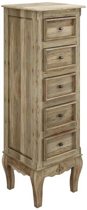 Product photograph of Fleur French Style Washed Grey 5 Drawer Narrow Tall Chest - Made In Solid Rustic Mango Wood from Choice Furniture Superstore.