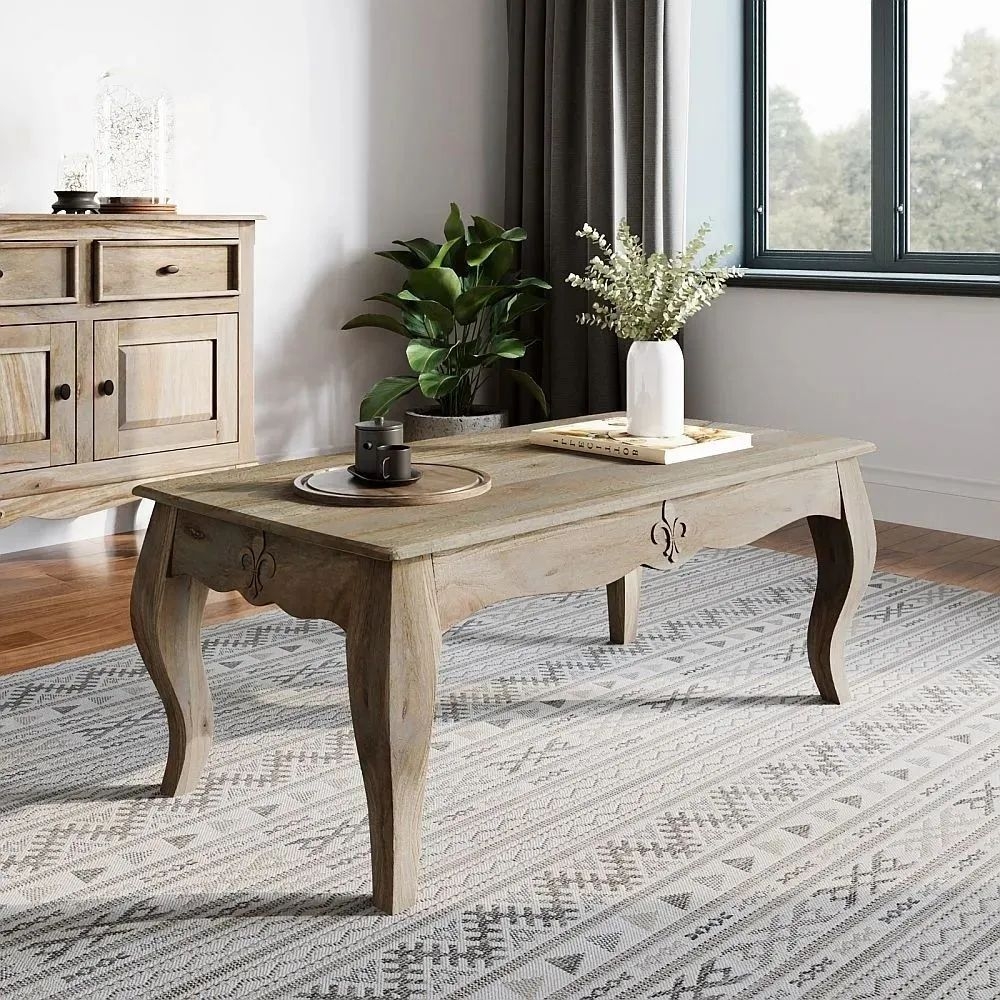 Product photograph of Fleur French Style Washed Grey Coffee Table - Made In Solid Rustic Mango Wood from Choice Furniture Superstore.