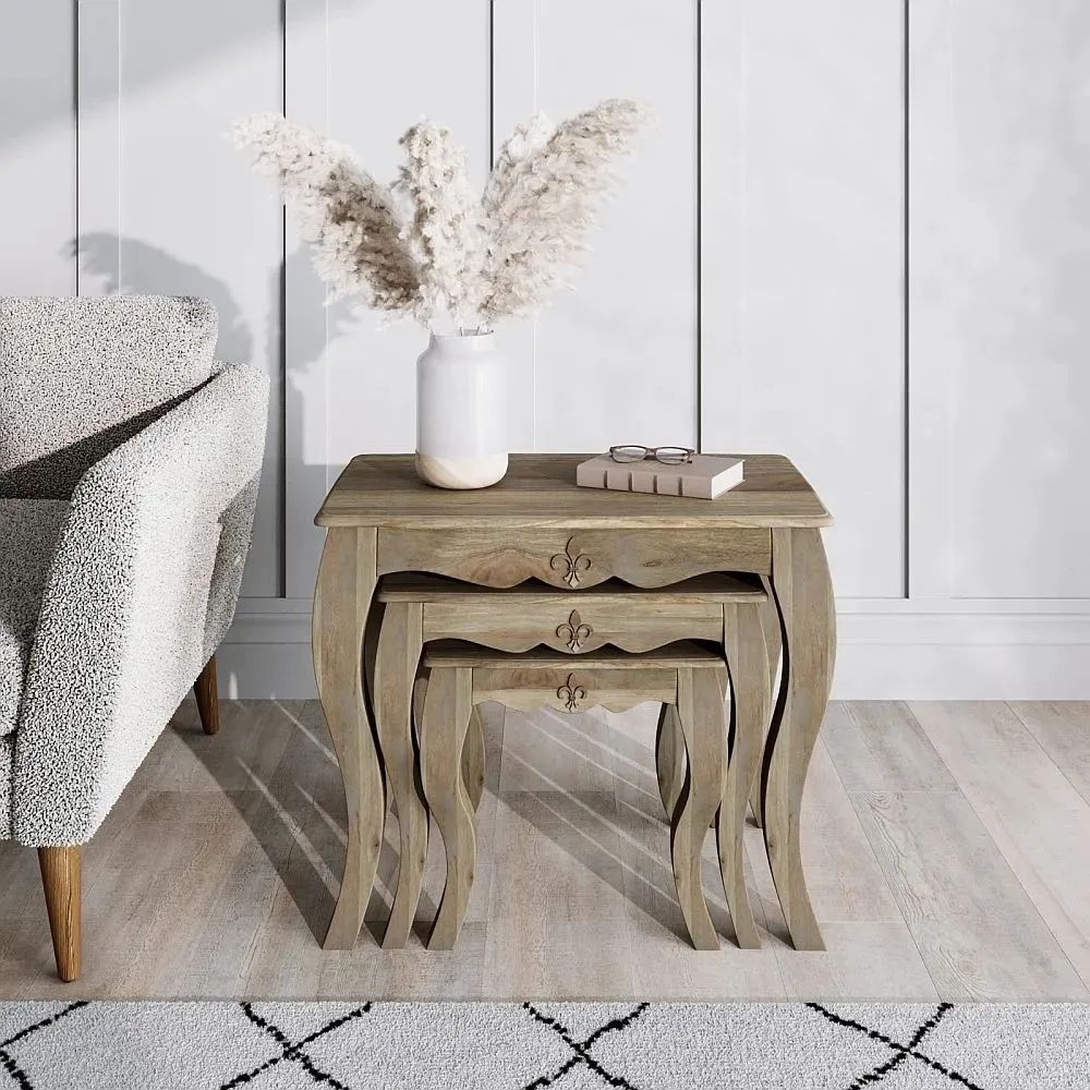 Product photograph of Fleur French Style Washed Grey Nest Of 3 Tables - Made In Solid Rustic Mango Wood from Choice Furniture Superstore.