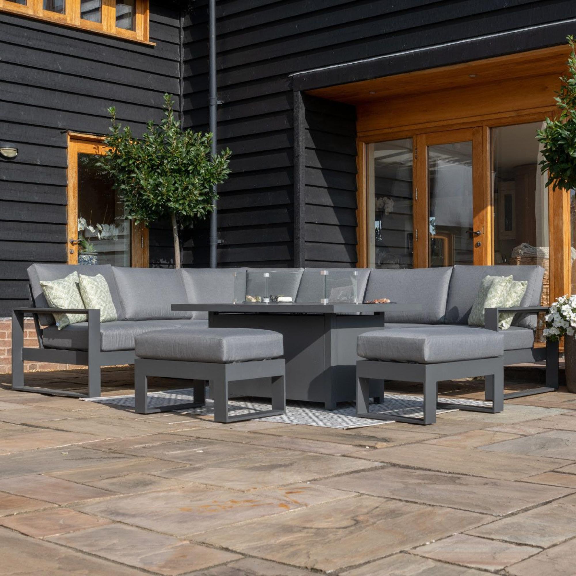 Product photograph of Maze Amalfi Grey Large Corner Dining Set With Fire Pit Table And Footstools from Choice Furniture Superstore.