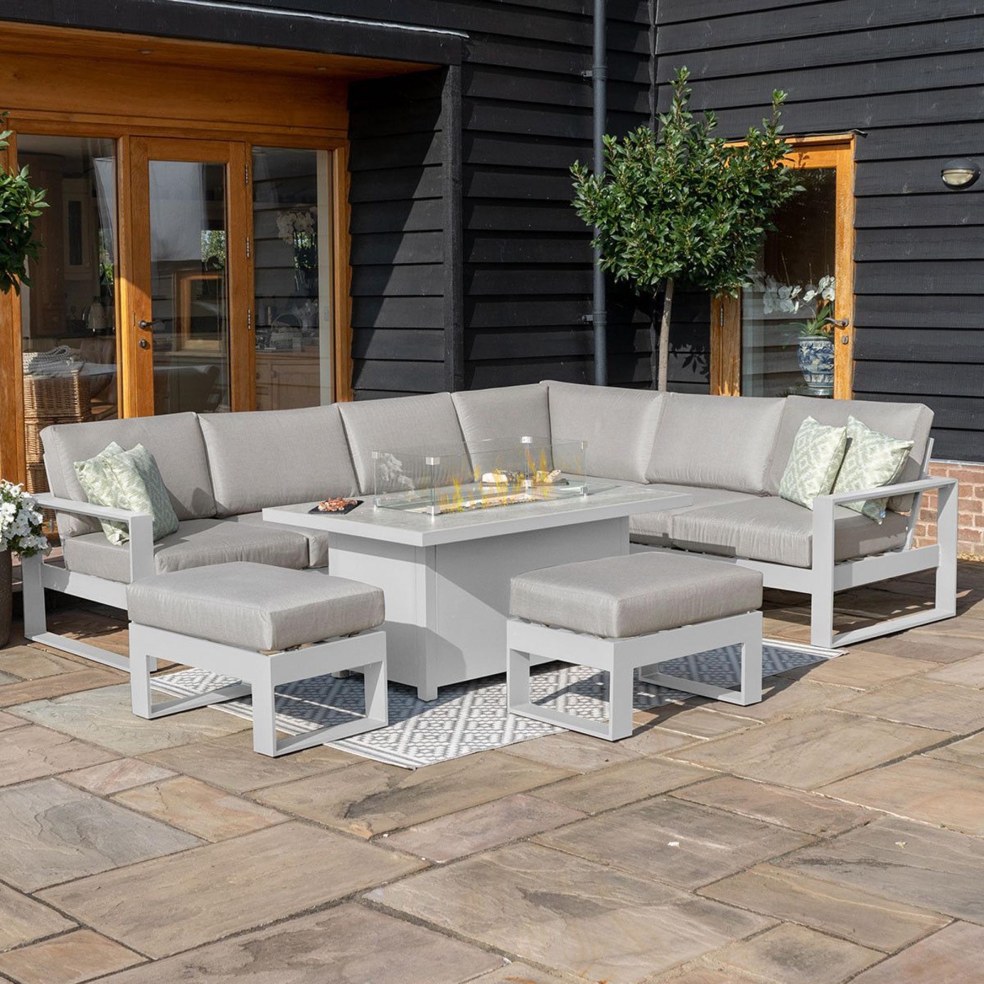 Product photograph of Maze Amalfi White Large Corner Dining Set With Fire Pit Table And Footstools from Choice Furniture Superstore.