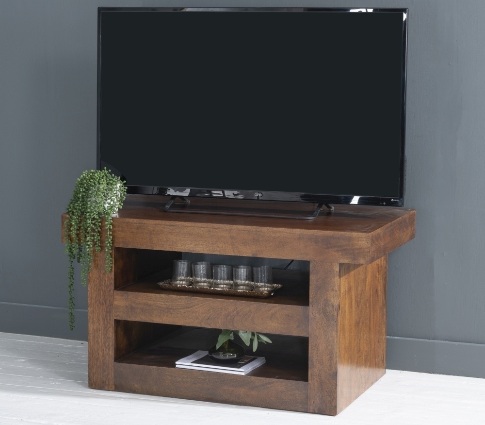 Clearance - Dakota Mango Wood TV Unit, Indian Dark Walnut Rustic Finish, Medium Cabinet 110cm, Stand Upto 43in Plasma TV