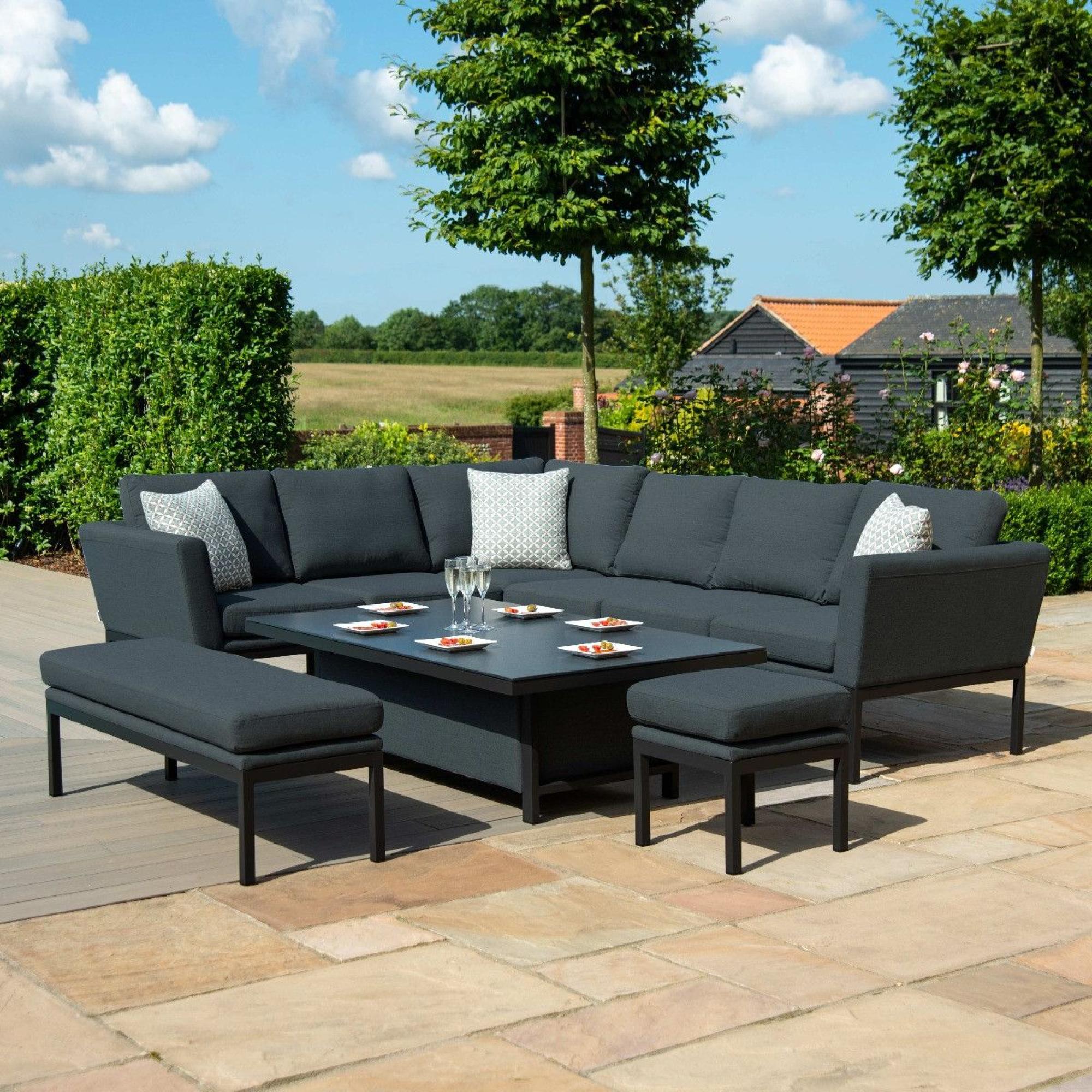 Product photograph of Maze Lounge Outdoor Pulse Charcoal Fabric Rectangular Corner Dining Set With Rising Table from Choice Furniture Superstore.