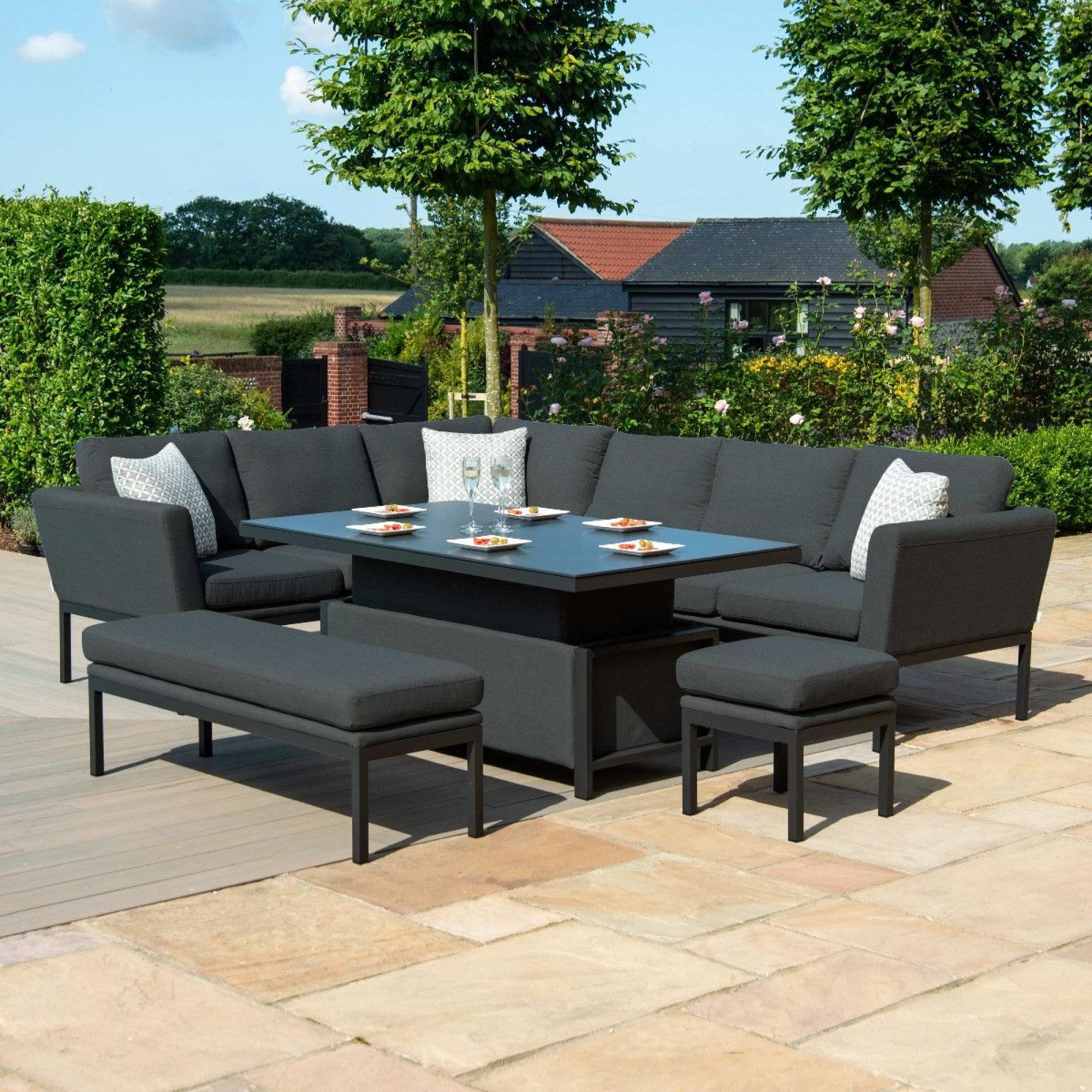 Product photograph of Maze Lounge Outdoor Pulse Charcoal Fabric Rectangular Corner Dining Set With Rising Table from Choice Furniture Superstore.