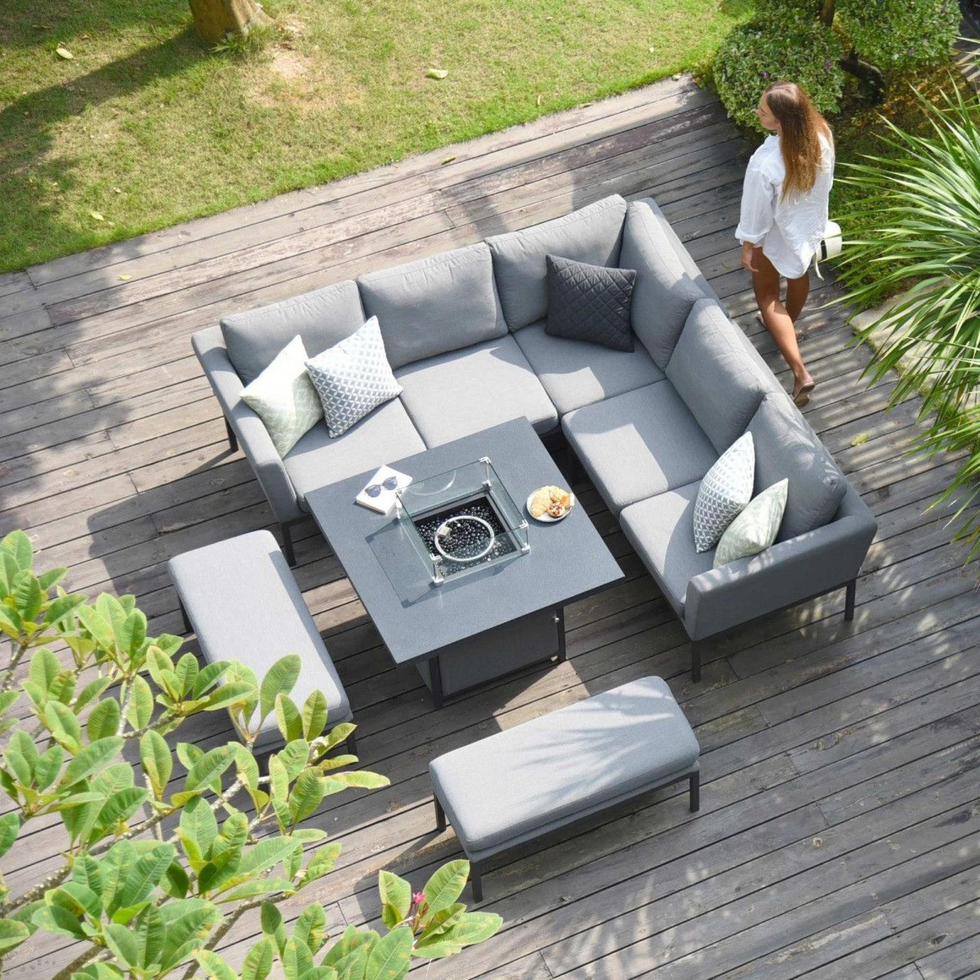 Product photograph of Maze Lounge Outdoor Pulse Flanelle Fabric Square Corner Dining Set With Fire Pit Table from Choice Furniture Superstore.