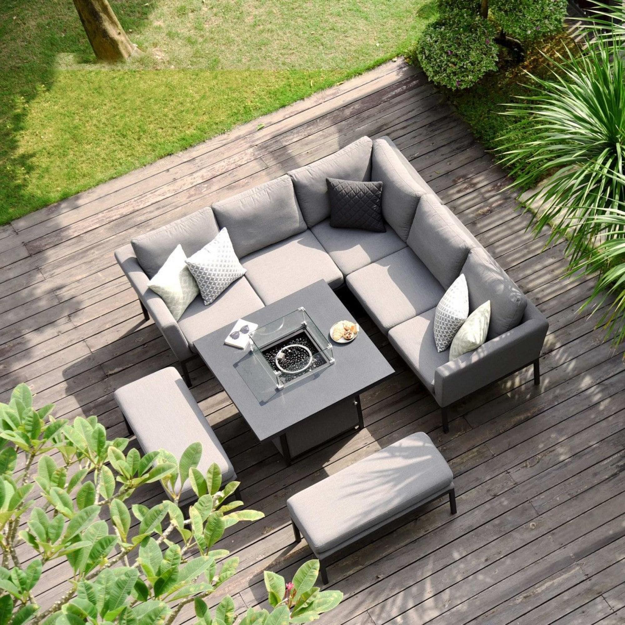 Product photograph of Maze Lounge Outdoor Pulse Flanelle Fabric Square Corner Dining Set With Fire Pit Table from Choice Furniture Superstore.