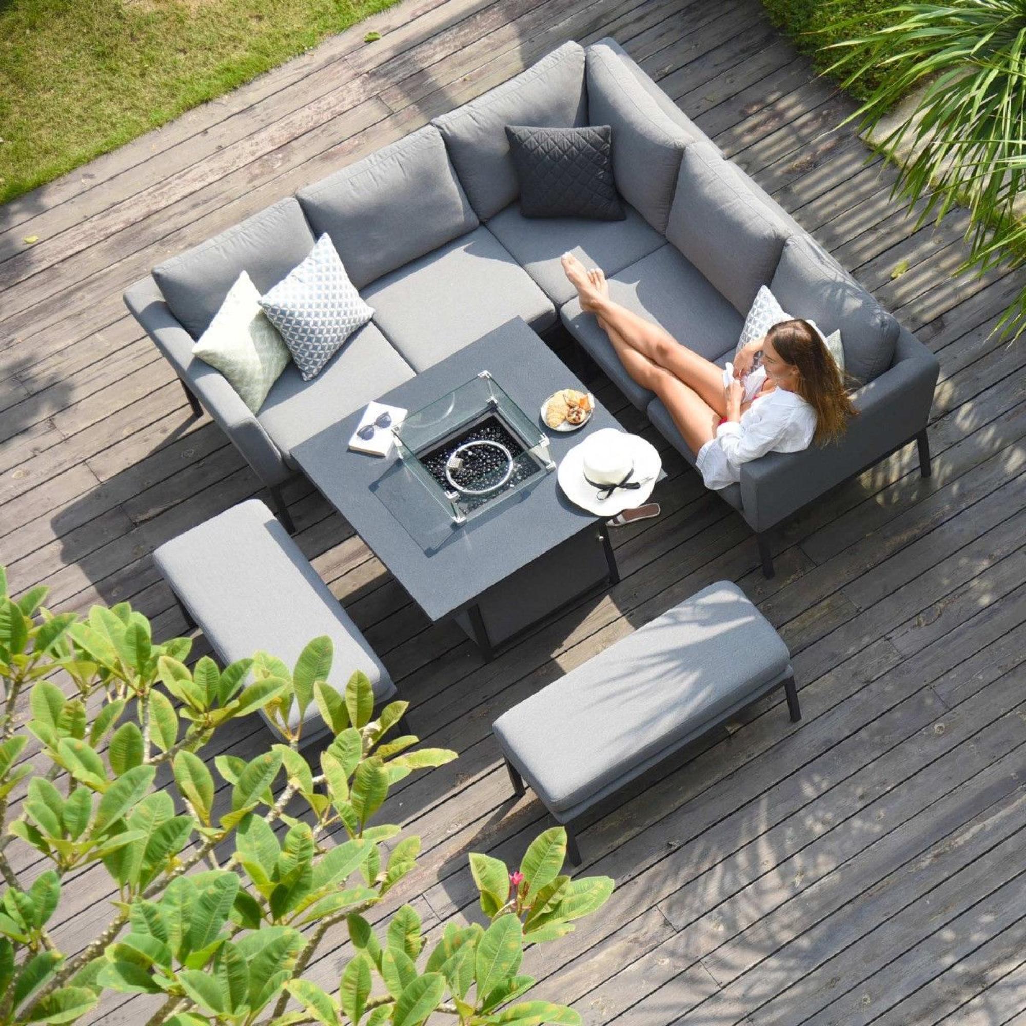 Product photograph of Maze Lounge Outdoor Pulse Flanelle Fabric Square Corner Dining Set With Fire Pit Table from Choice Furniture Superstore.