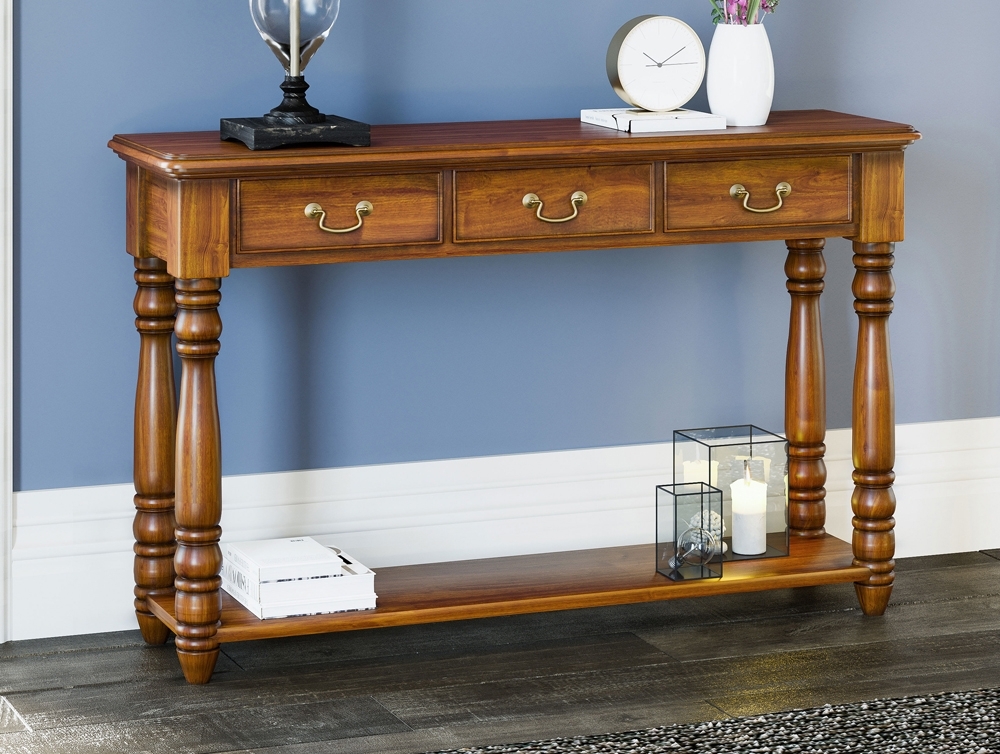 Product photograph of La Reine Mahogany 3 Drawer Console Table from Choice Furniture Superstore.