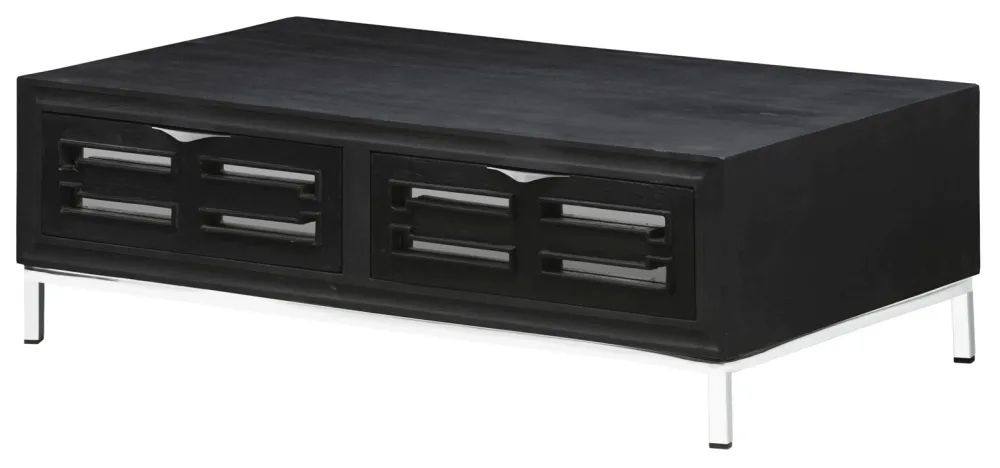 Product photograph of Clearance - Geo Black Painted Mirrored Storage Coffee Table Solid Mango Wood With Stainless Steel Chrome Base - 2 Drawers from Choice Furniture Superstore.