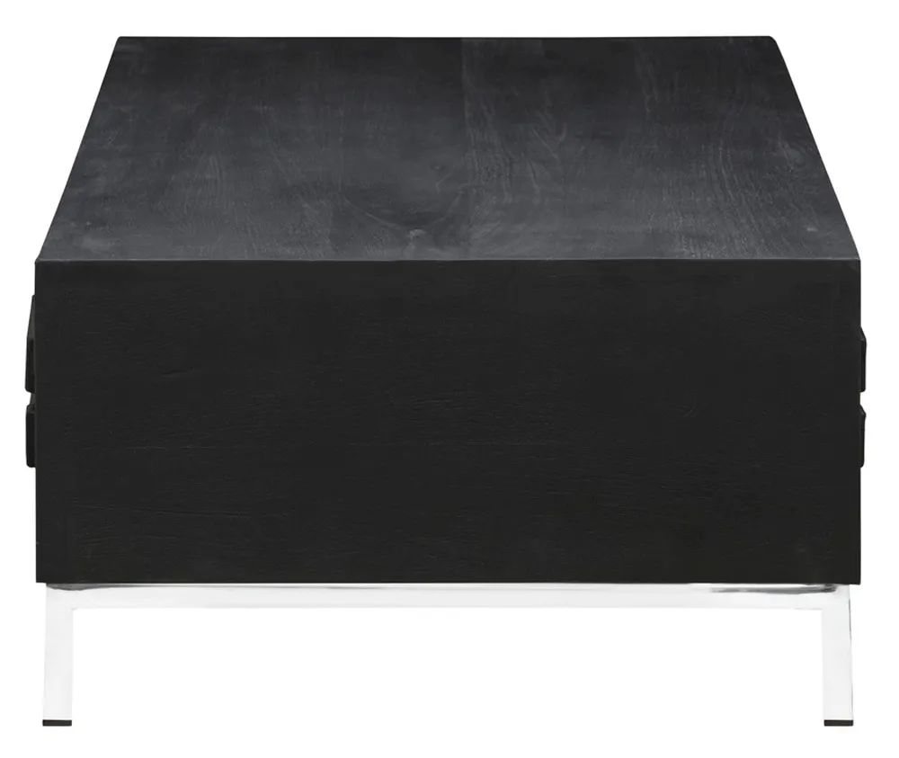 Product photograph of Clearance - Geo Black Painted Mirrored Storage Coffee Table Solid Mango Wood With Stainless Steel Chrome Base - 2 Drawers from Choice Furniture Superstore.