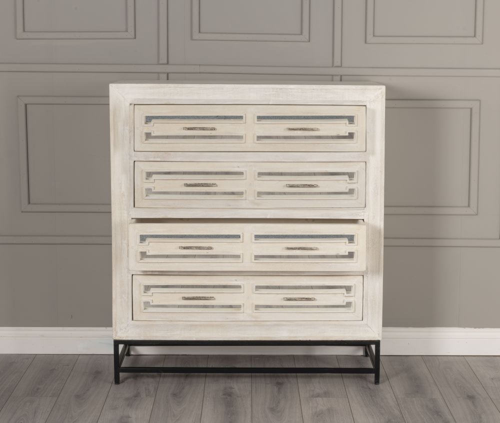 Product photograph of Clearance - Geo White Mirrored Chest Of Drawer - 4 Drawer from Choice Furniture Superstore.