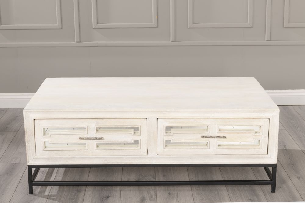 Product photograph of Clearance - Geo White Mirrored Coffee Table - 2 Drawer from Choice Furniture Superstore.