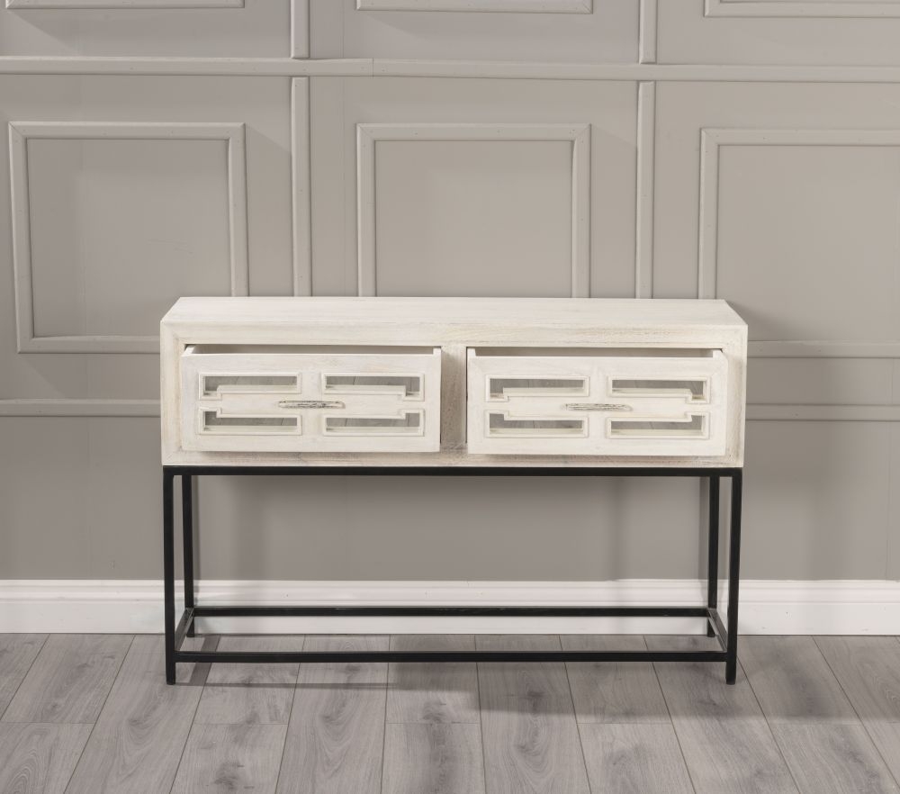 Product photograph of Clearance - Geo White Mirrored Console Table - 2 Drawer from Choice Furniture Superstore.
