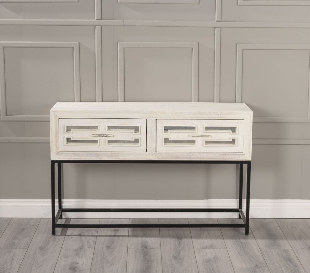 Product photograph of Clearance - Geo White Mirrored Console Table - 2 Drawer from Choice Furniture Superstore.