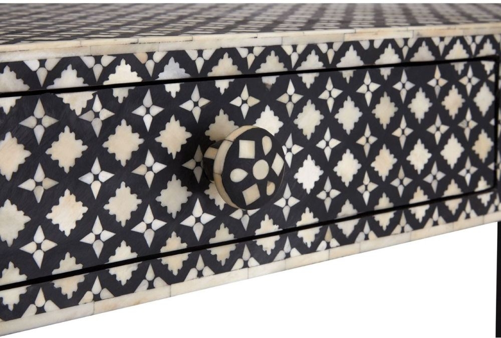 Product photograph of Enlow Sheesham Black And Cream Mother Of Pearl Console Table from Choice Furniture Superstore.