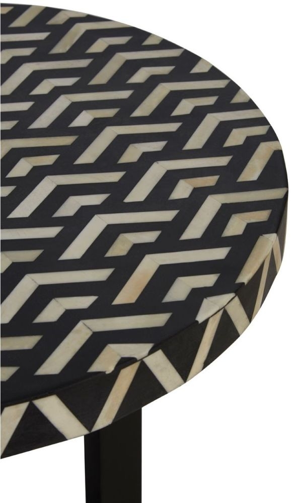 Product photograph of Enlow Acacia Black Bone Inlay Three Legged Round Side Table from Choice Furniture Superstore.