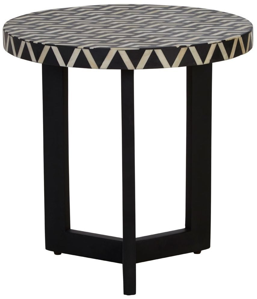 Product photograph of Enlow Acacia Black Bone Inlay Three Legged Round Side Table from Choice Furniture Superstore.