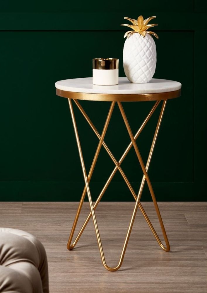 Product photograph of Bridgton White Marble And Gold Side Table With Hairpin Legs from Choice Furniture Superstore.