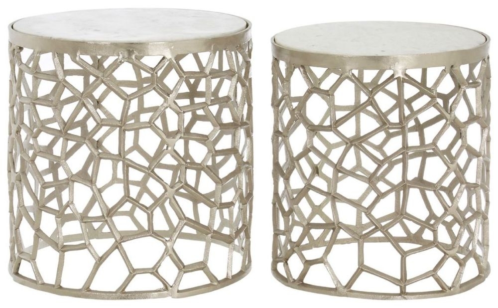 Product photograph of Bridgton Set Of 2 White Marble And Nickel Round Side Tables from Choice Furniture Superstore.