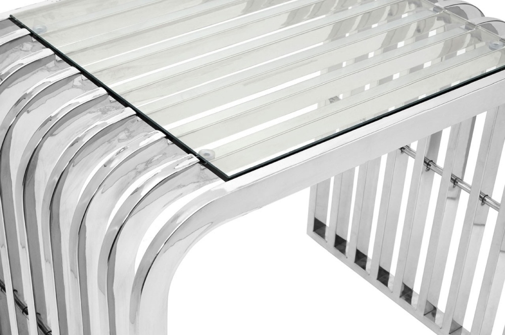 Product photograph of Emporia Glass And Chrome Slatted End Table from Choice Furniture Superstore.