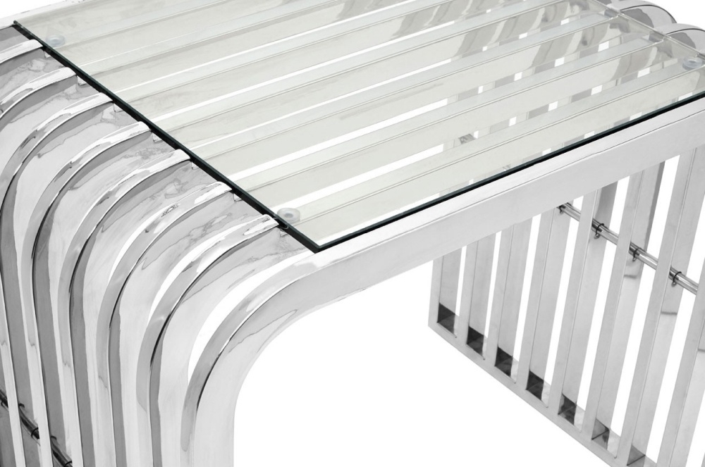 Product photograph of Emporia Glass And Chrome Slatted Curved End Table from Choice Furniture Superstore.