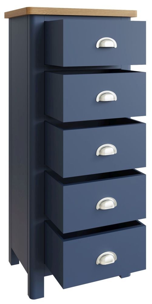 Product photograph of Portland Oak And Blue Painted 5 Drawer Narrow Chest from Choice Furniture Superstore.