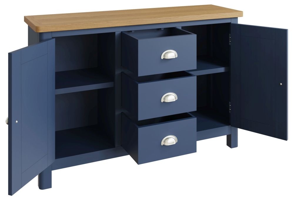 Product photograph of Portland Oak And Blue Painted 2 Door 3 Drawer Sideboard from Choice Furniture Superstore.