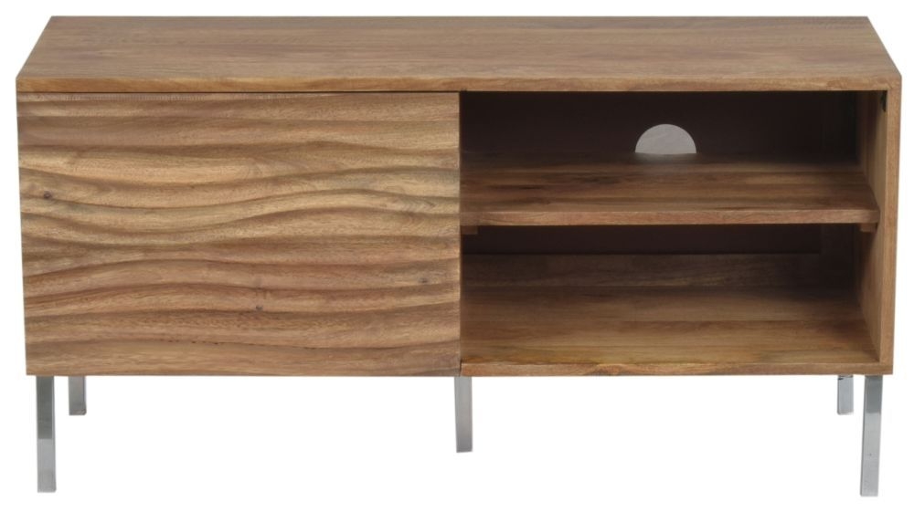 Clearance - Wave Mango Wood TV Unit, Natural Ripple Pattern 100cm Wide, Stand Upto 32in Plasma - 1 Door with 2 Shelf