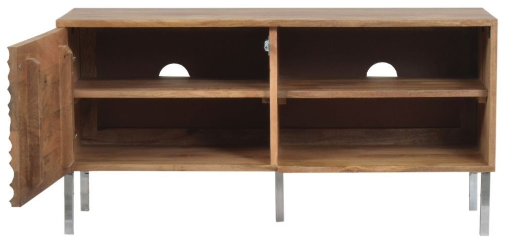 Product photograph of Clearance - Wave Mango Wood Tv Unit Natural Ripple Pattern 100cm Wide Stand Upto 32in Plasma - 1 Door With 2 Shelf from Choice Furniture Superstore.