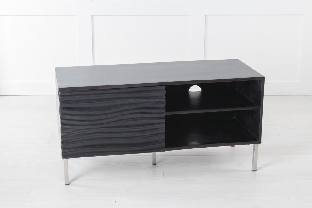 Product photograph of Clearance - Wave Mango Wood Tv Unit Black Ripple Pattern 100cm Wide Stand Upto 32in Plasma - 1 Door With 2 Shelf from Choice Furniture Superstore.