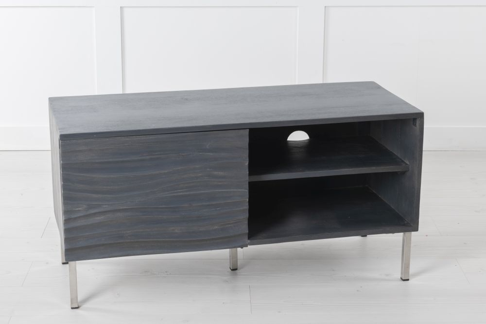 Product photograph of Clearance - Wave Mango Wood Tv Unit Charcoal Grey Ripple Pattern 100cm Wide Stand Upto 32in Plasma - 1 Door With 2 Shelf from Choice Furniture Superstore.