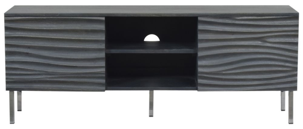 Product photograph of Clearance - Wave Mango Wood Tv Unit Charcoal Grey Ripple Pattern 130cm Wide Stand Upto 50in Plasma - 2 Door With 3 Shelf from Choice Furniture Superstore.