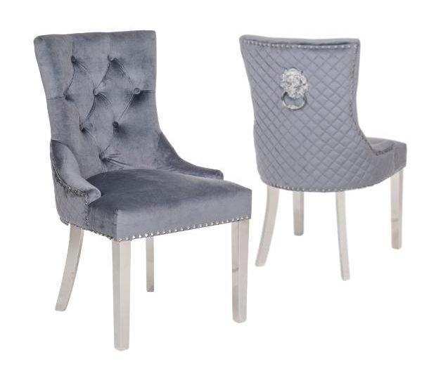 Product photograph of Lion Knocker Back Grey Dining Chair Tufted Velvet Fabric Upholstered With Chrome Legs from Choice Furniture Superstore.