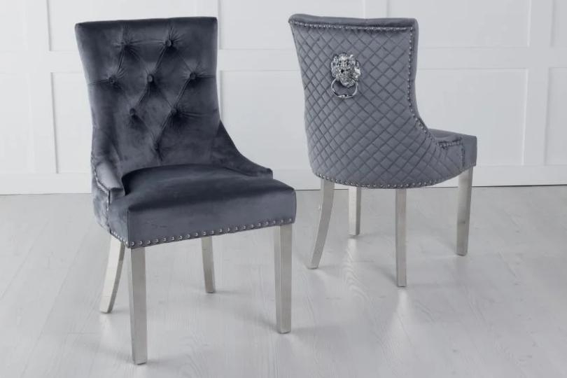 Product photograph of Lion Knocker Back Grey Dining Chair Tufted Velvet Fabric Upholstered With Chrome Legs from Choice Furniture Superstore.