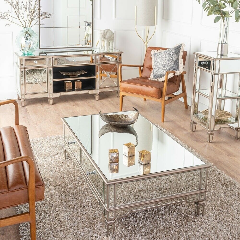Product photograph of Antoinette Mirrored Coffee Table With Champagne Trim from Choice Furniture Superstore.