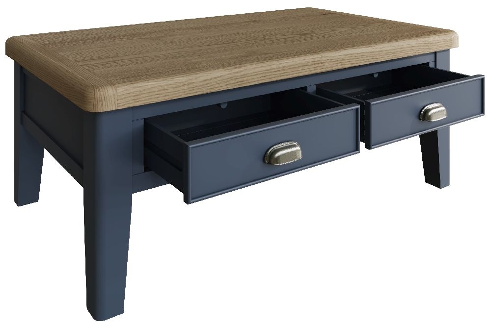 Product photograph of Ringwood Blue Painted 2 Drawer Coffee Table - Oak Top from Choice Furniture Superstore.