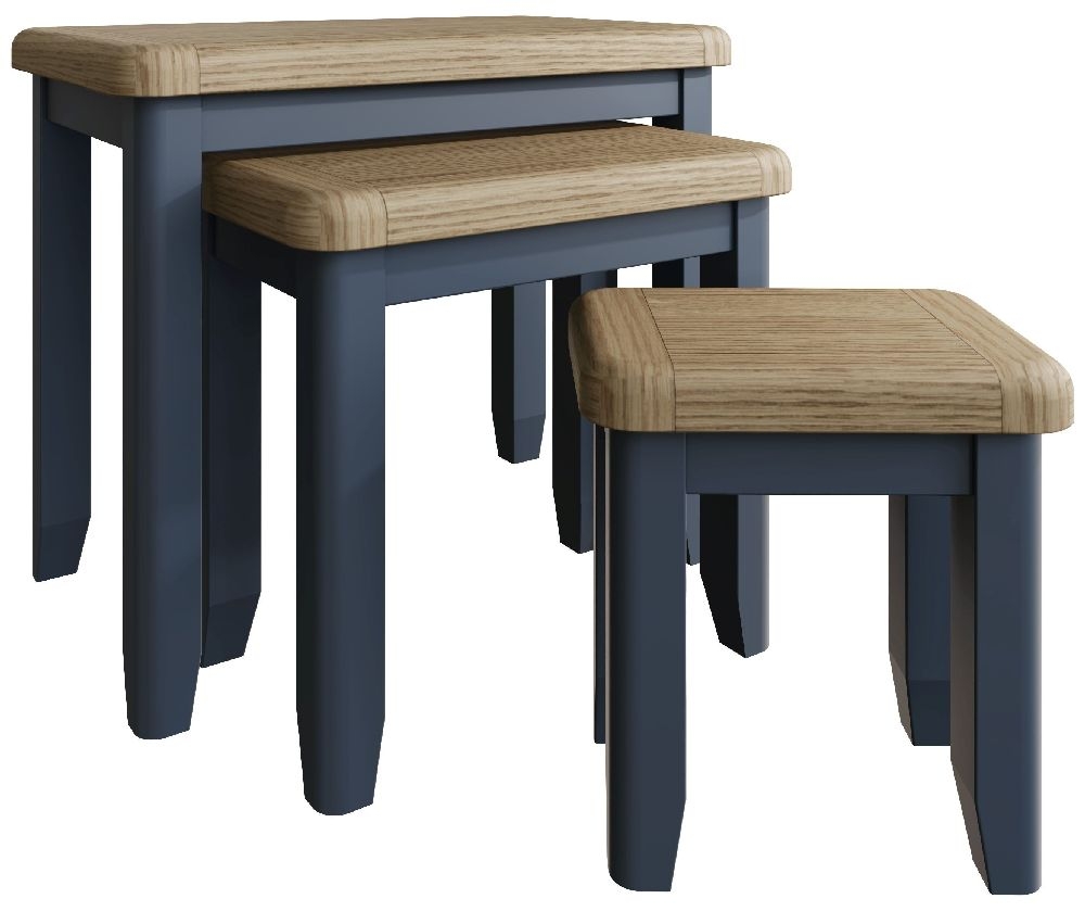 Product photograph of Ringwood Blue Painted Nest Of 3 Tables - Oak Top from Choice Furniture Superstore.