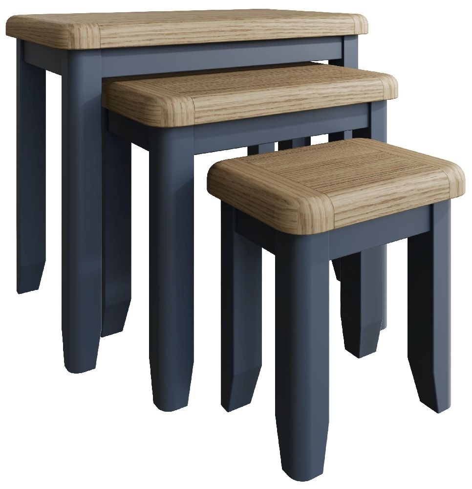 Product photograph of Ringwood Blue Painted Nest Of 3 Tables - Oak Top from Choice Furniture Superstore.