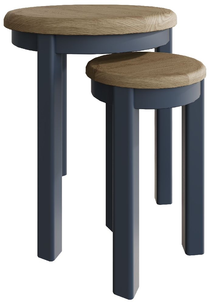 Product photograph of Ringwood Blue Painted Round Nest Of Tables - Oak Top from Choice Furniture Superstore.