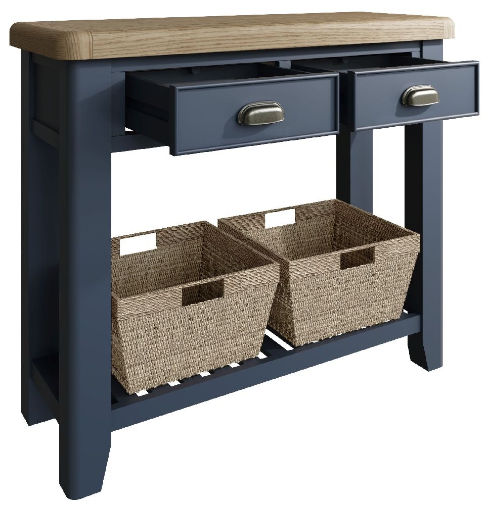 Product photograph of Ringwood Blue Painted Console Table - Oak Top from Choice Furniture Superstore.
