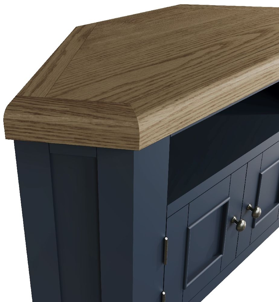 Product photograph of Ringwood Blue Painted Corner Tv Unit - Oak Top from Choice Furniture Superstore.