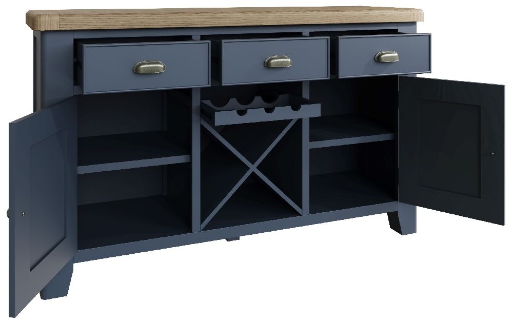 Product photograph of Ringwood Blue Painted 2 Door 3 Drawer Sideboard - Oak Top from Choice Furniture Superstore.