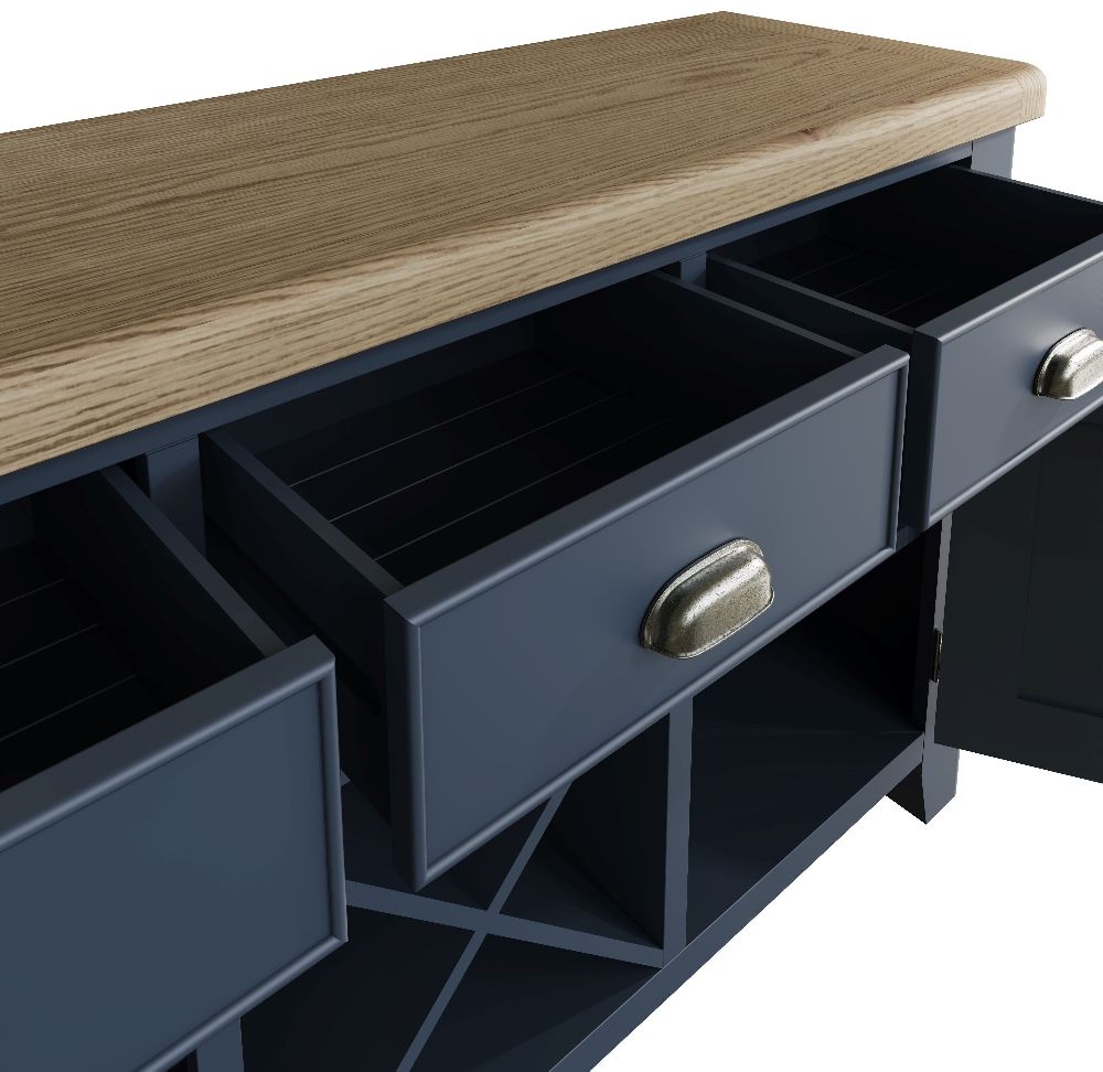 Product photograph of Ringwood Blue Painted 2 Door 3 Drawer Large Sideboard - Oak Top from Choice Furniture Superstore.