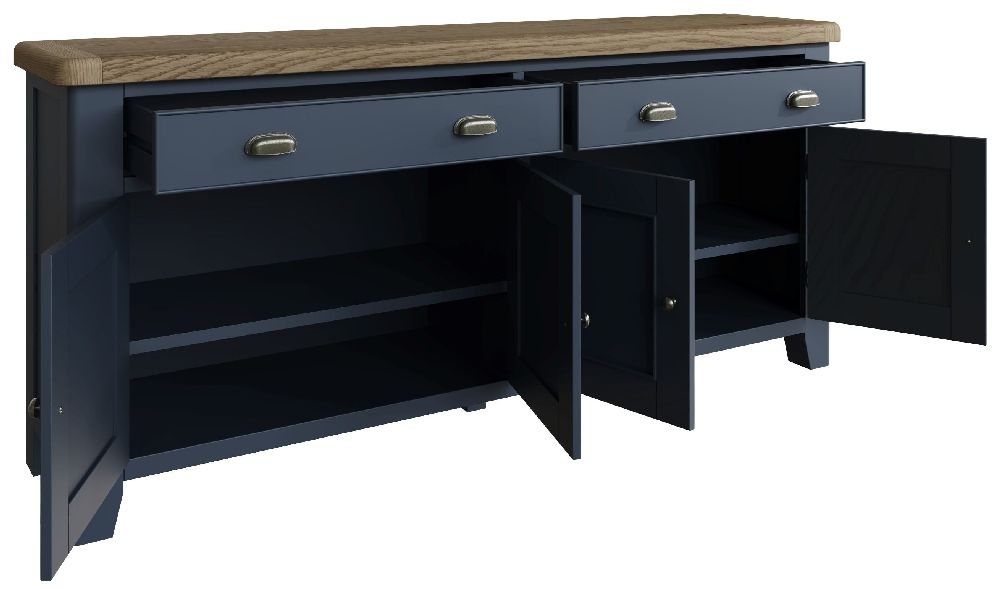 Product photograph of Ringwood Blue Painted 4 Door 2 Drawer Extra Large Sideboard - Oak Top from Choice Furniture Superstore.