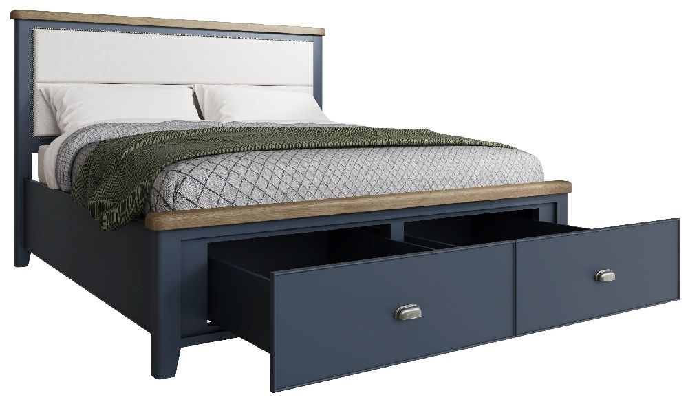 Product photograph of Ringwood Blue Painted Storage Bed With Fabric Headboard from Choice Furniture Superstore.