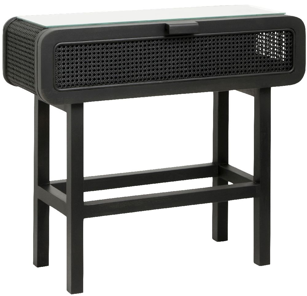 Product photograph of Nordal Merge Black Rattan With Glass Console Table With Glass Top from Choice Furniture Superstore.