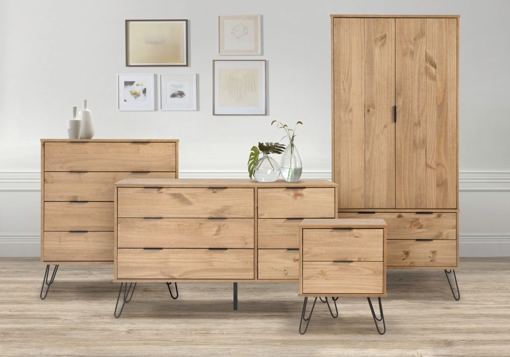 Product photograph of Augusta Pine 3 3 Drawer Wide Chest With Hairpin Legs from Choice Furniture Superstore.