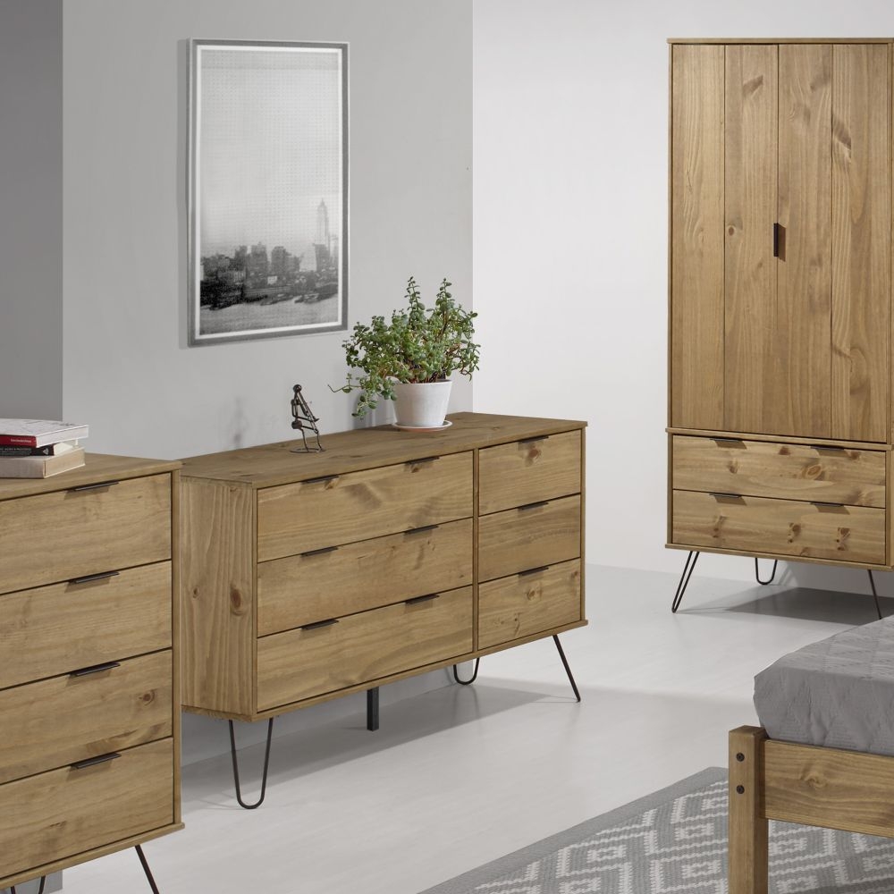 Product photograph of Augusta Pine 3 3 Drawer Wide Chest With Hairpin Legs from Choice Furniture Superstore.