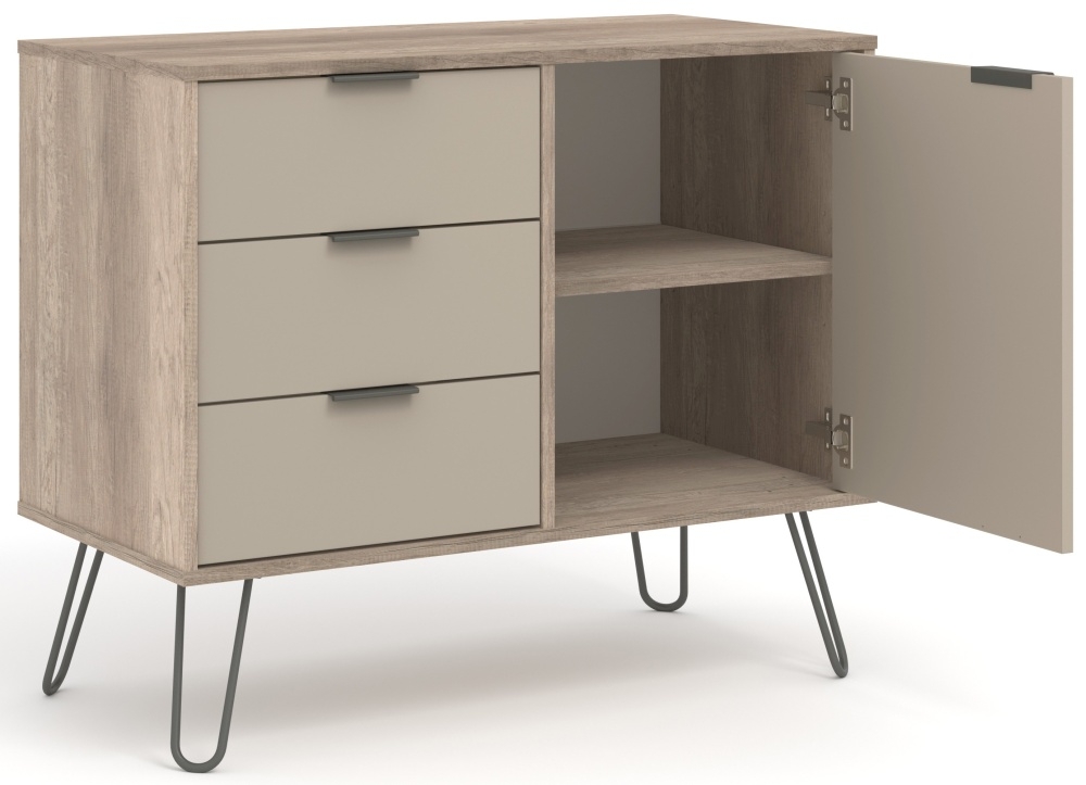 Product photograph of Acadia Driftwood 1 Door 3 Drawer Small Sideboard With Hairpin Legs from Choice Furniture Superstore.