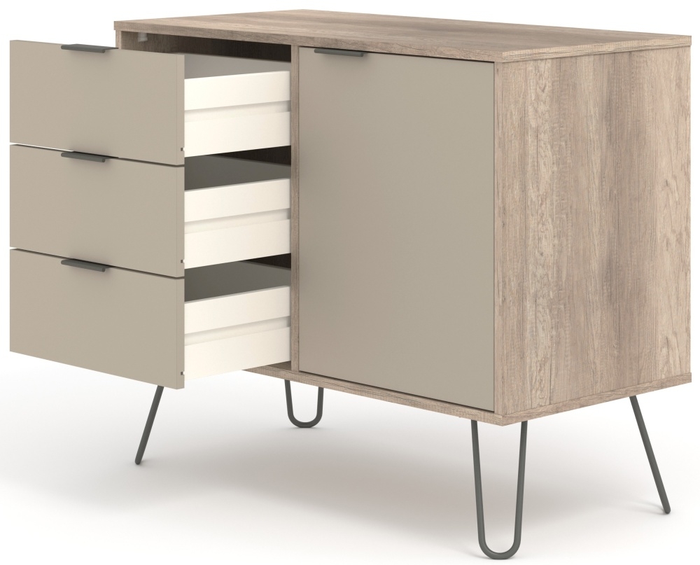 Product photograph of Acadia Driftwood 1 Door 3 Drawer Small Sideboard With Hairpin Legs from Choice Furniture Superstore.